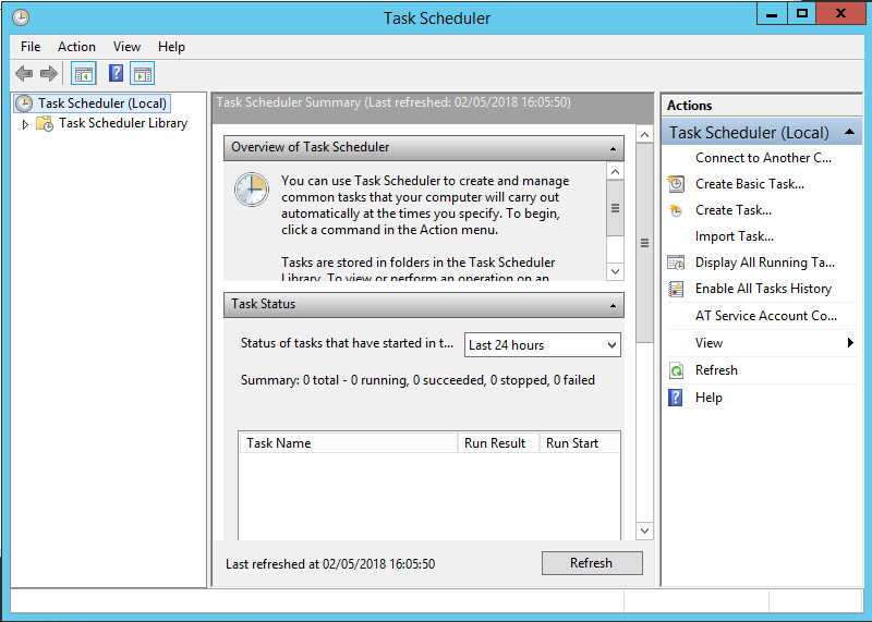 Task Scheduler screen with Task Scheduler (Local) selected in the left-hand column, an overview of the task scheduler and information about the task status in the middle column, and a list of actions in the right-hand column, as well as a Minimize button, a Full screen button, and a Close button in the top right corner